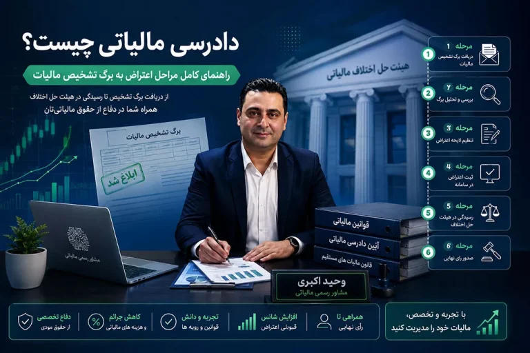 وحید اکبری مشاور رسمی مالیاتی در حال بررسی مراحل دادرسی و اوراق مالیاتی مودیان